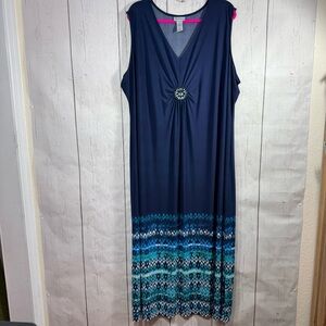 Catherines 4X Navy Boho Resort Midi Dress Plus Size Flowy Vacation Border Print